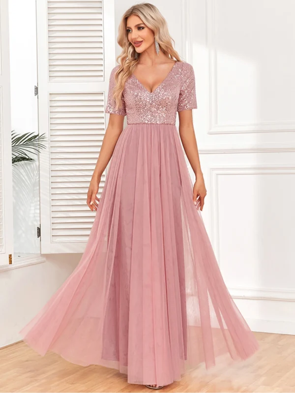 Robe rose poudré strass décolleté en V : Stella – Image 5