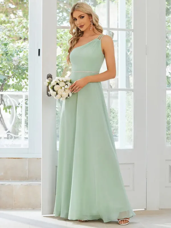 Robe vert d’eau élégante avec bretelle asymétrique : Wendy