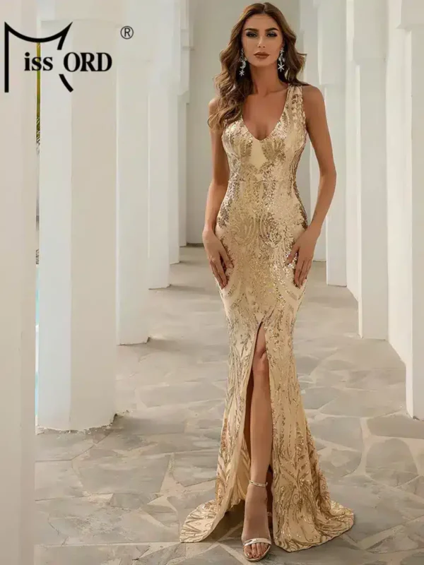 Robe longue brillante dorée à fente élégante : Lucia – Image 2