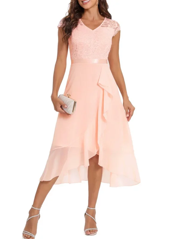 Robe asymétrique rose poudré avec volants : Elise – Image 4