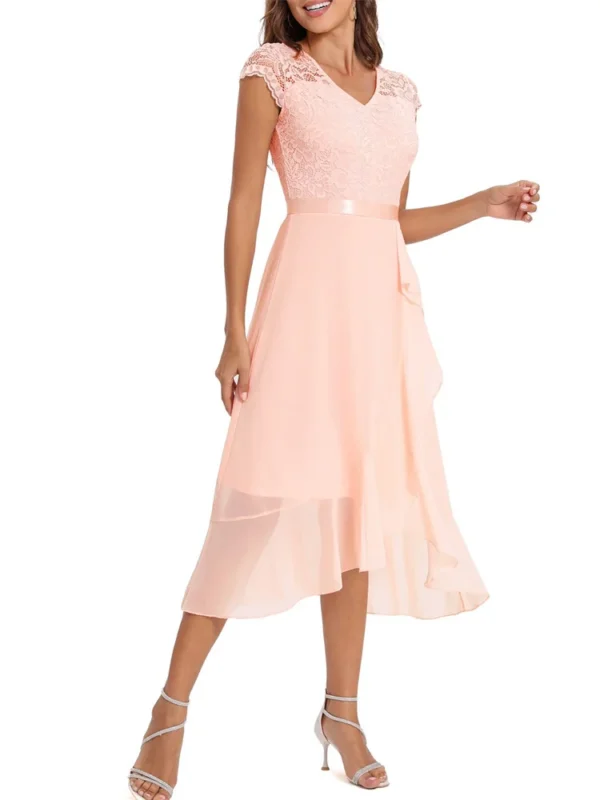 Robe asymétrique rose poudré avec volants : Elise – Image 3