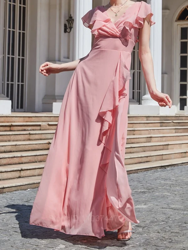 Robe mousseline rose poudré élégante et fluide : Camille – Image 4