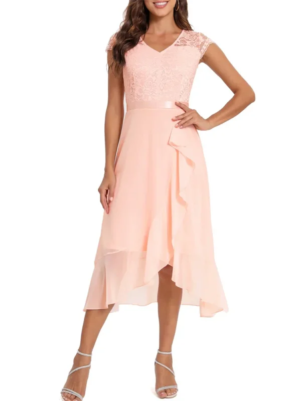 Robe asymétrique rose poudré avec volants : Elise – Image 2