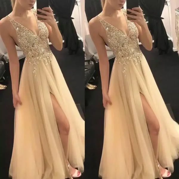 Robe de soirée en tulle doré avec détails raffinés : Gloria – Image 2