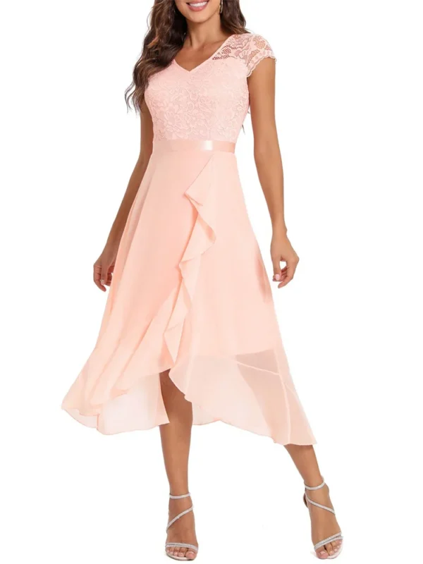 Robe asymétrique rose poudré avec volants : Elise