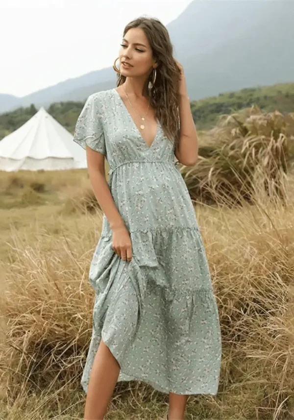 Robe bohème chic vert d'eau à motifs floraux : Élodie