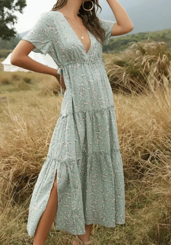 Robe bohème chic vert d'eau à motifs floraux : Élodie – Image 3