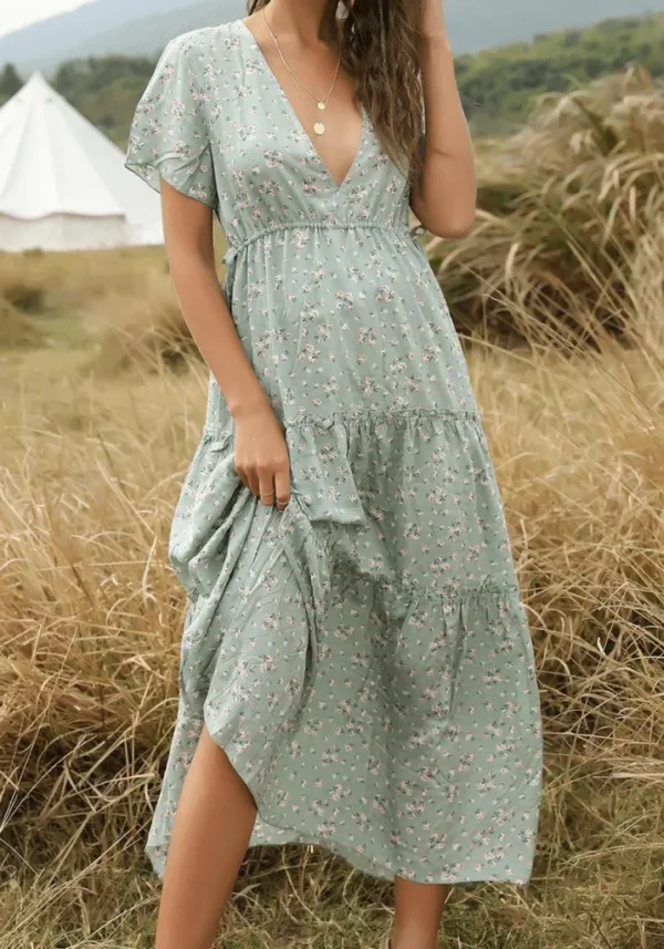 Robe bohème chic vert d'eau à motifs floraux : Élodie – Image 5