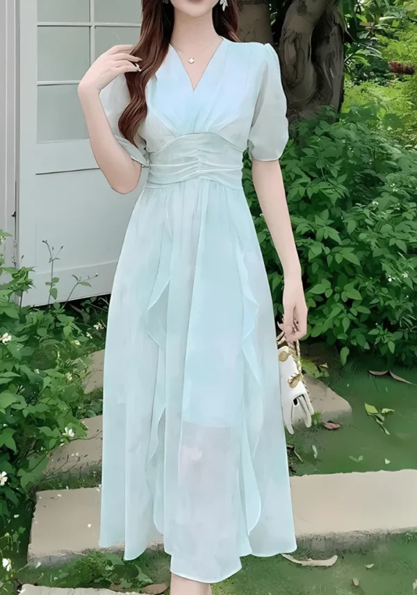 Robe d'été vert d'eau avec manches bouffantes : Sophie