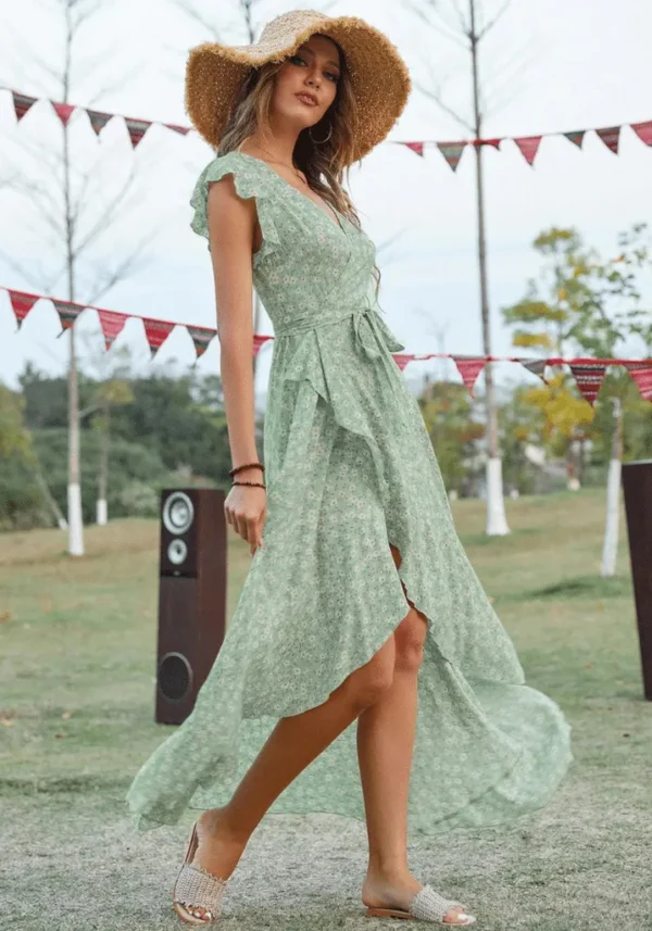 Robe fleurie vert d’eau col en V : Lila – Image 6