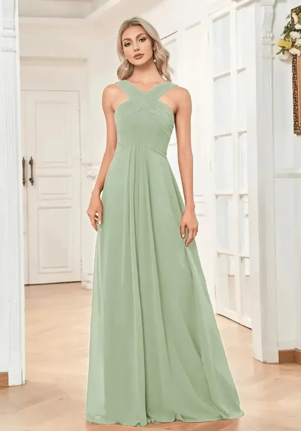 Robe longue vert d'eau mariage avec bretelles croisées : Lucie