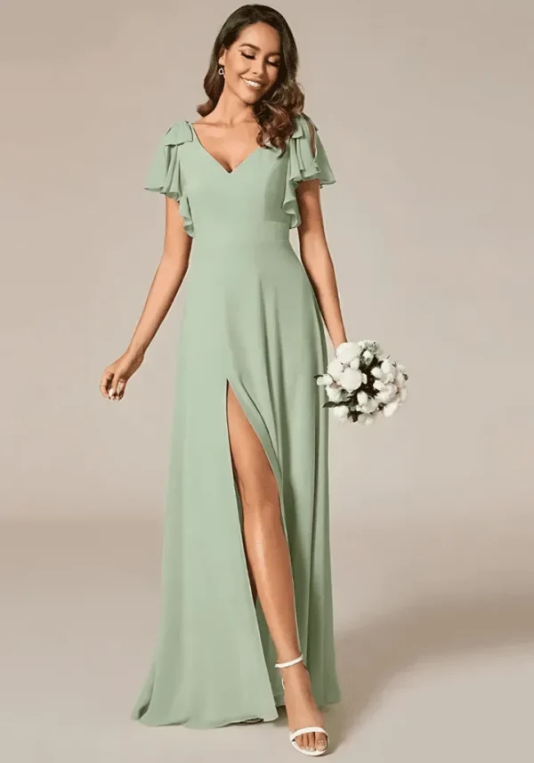 Robe témoin de mariage vert d’eau décolleté en V : Élodie – Image 3