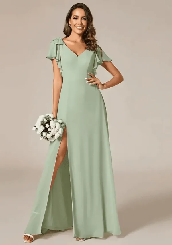 Robe témoin de mariage vert d’eau décolleté en V : Élodie