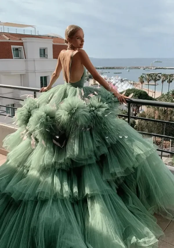 Robe tulle vert d’eau évasée : Lucie - Élégance et glamour pour soirées de gala