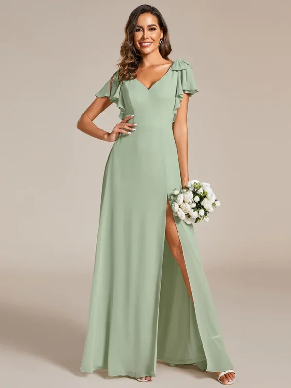 Robe vert sauge poudré élégante avec manches volantes : Élodie – Image 4