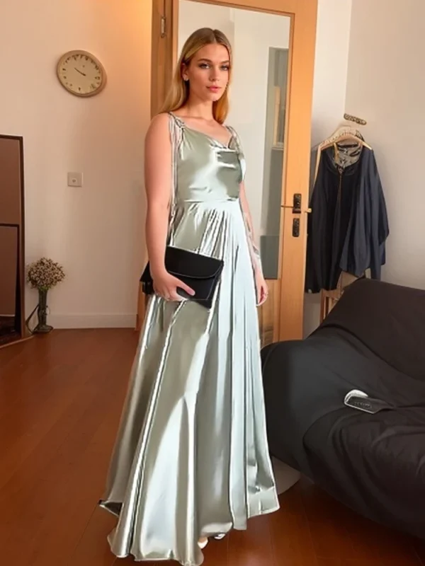 Robe chic en satin vert menthe avec fente élégante : Élise – Image 3