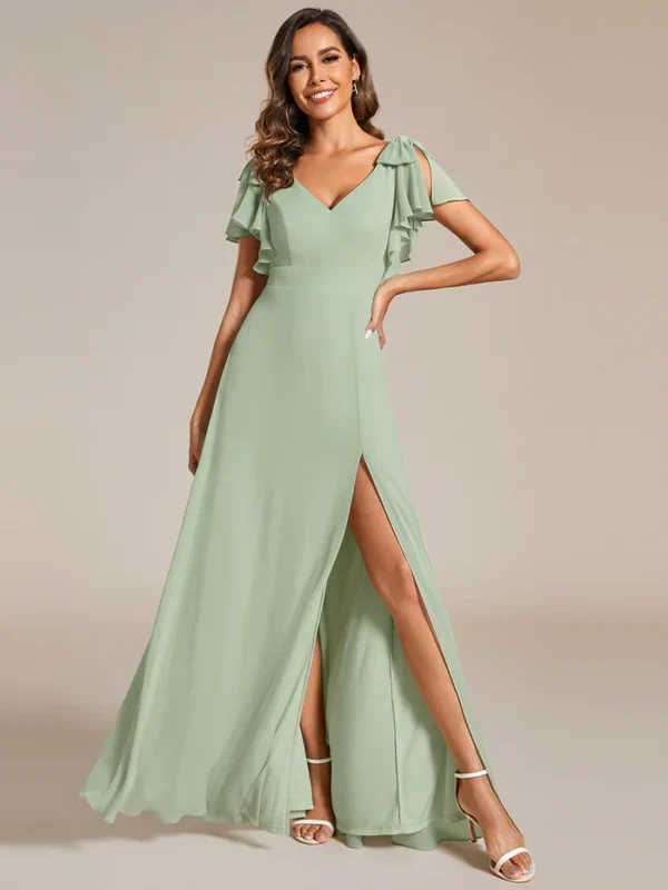 Robe vert sauge poudré élégante avec manches volantes : Élodie – Image 2