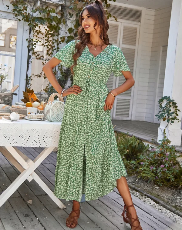 Robe verte champêtre à boutons : Clarisse – Image 3