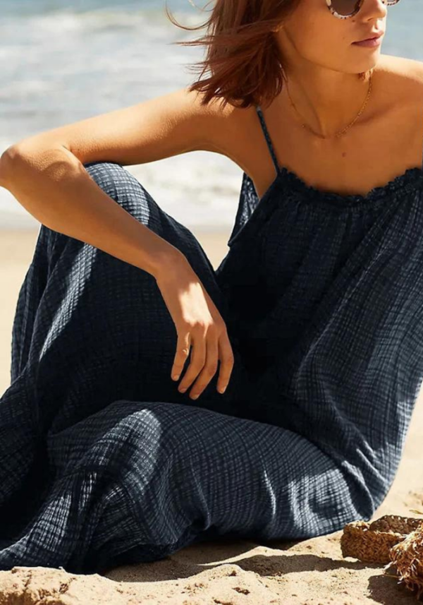 Robe ample en gaze de coton bleue à bretelles fines pour plage – Image 4