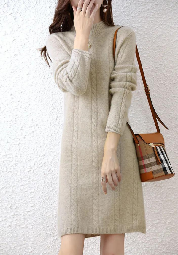 Robe beige hiver midi en cachemire à manches longues – Image 2