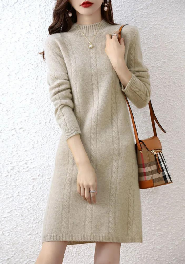 Robe beige hiver midi en cachemire à manches longues