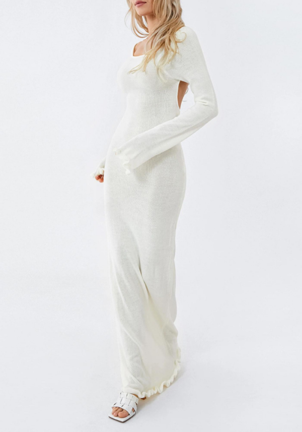 Robe blanche dos nu hiver ajustée avec manches longues et volants féminins – Image 5