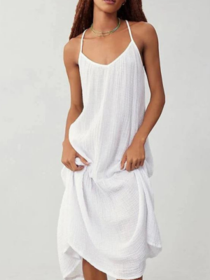 Robe blanche longue en gaze de coton avec bretelles fines