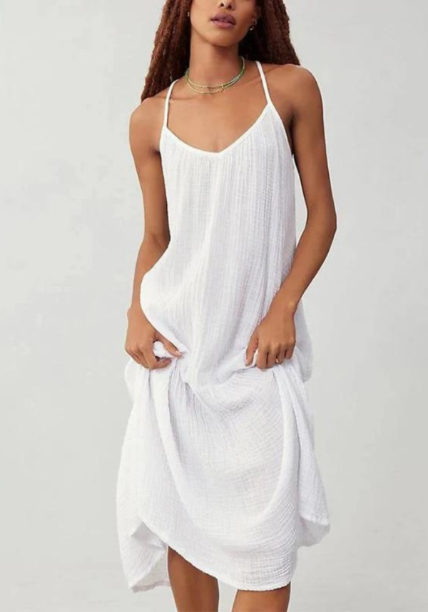 Robe blanche longue en gaze de coton avec bretelles fines