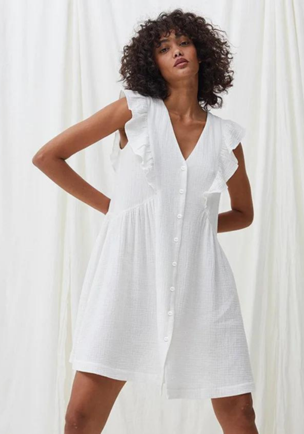 Robe chemise gaze de coton blanche avec volants et coupe ample