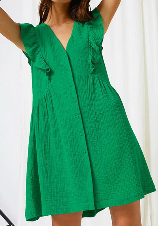 Robe chemise femme en gaze de coton vert vif sans manches avec volants et boutonnage frontal – Image 4