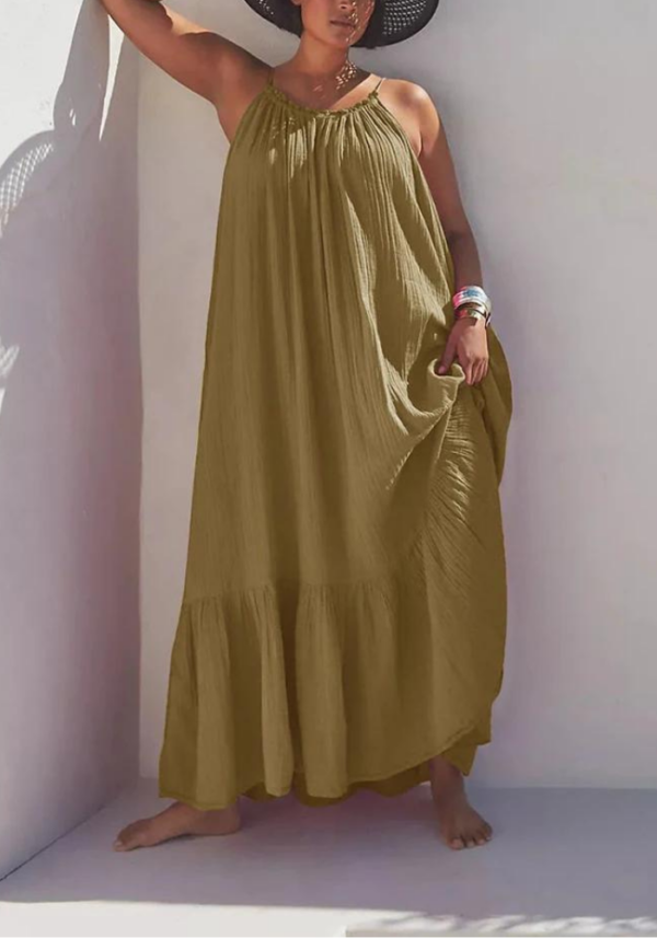 Robe double gaze de coton grande taille vert olive avec bretelles fines et ourlet asymétrique – Image 3