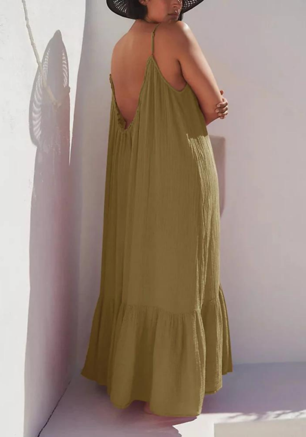 Robe double gaze de coton grande taille vert olive avec bretelles fines et ourlet asymétrique – Image 4