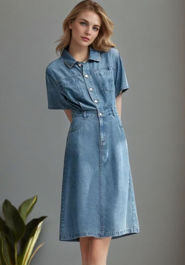 Robe droite en jean denim bleu avec poches avant et manches courtes – Image 2