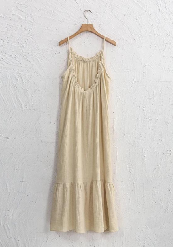 Robe longue en gaze de coton beige avec bretelles fines et haut froncé texturé – Image 4