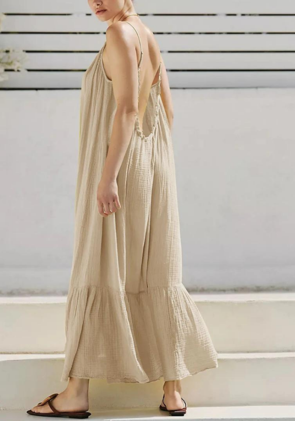 Robe longue en gaze de coton beige avec bretelles fines et haut froncé texturé – Image 2