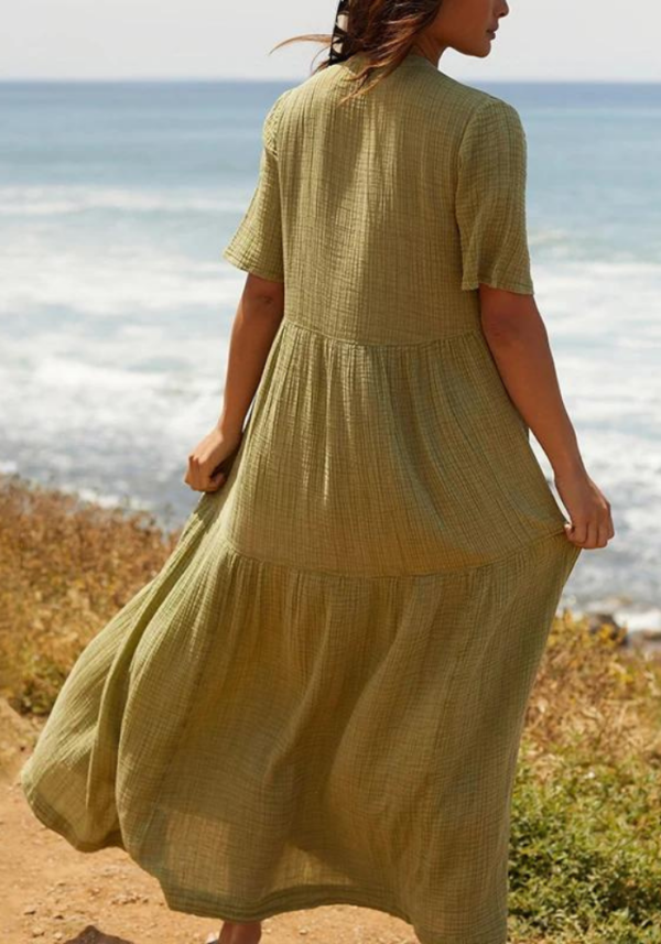 Robe maxi gaze de coton vert olive manches courtes col V fluide et légère – Image 3