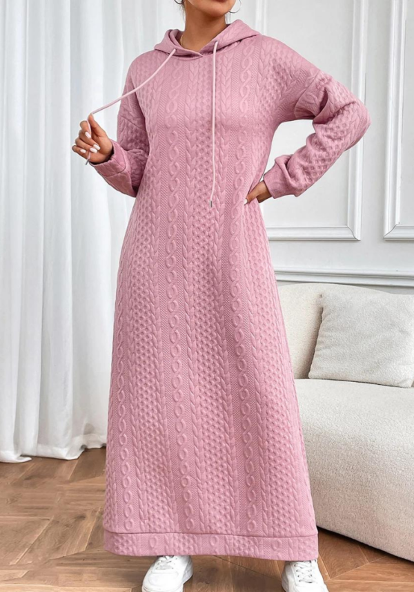 Robe hiver à capuche rose pastel en tissu épais tricoté avec manches longues – Image 2