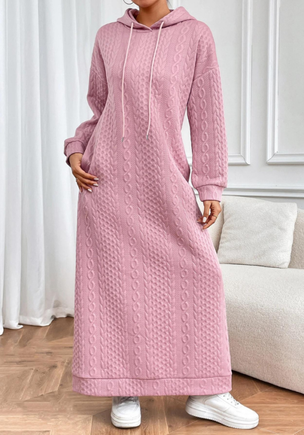 Robe hiver à capuche rose pastel en tissu épais tricoté avec manches longues