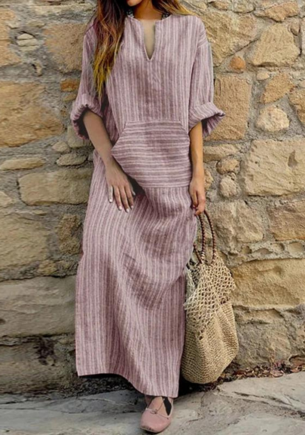 Robe trapèze boho en lin : coupe décontractée avec manches amples et col en V