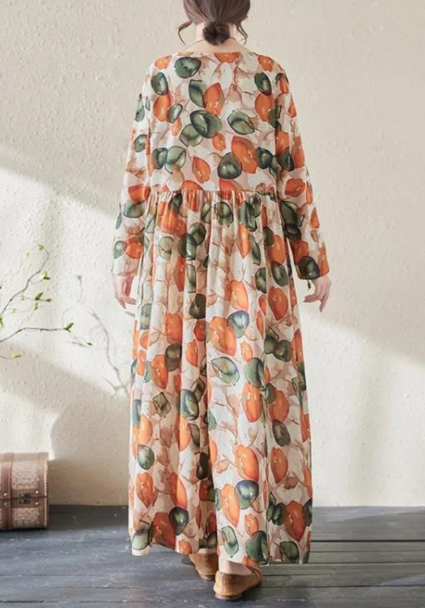 Robe trapèze coton imprimé fruits été femme avec manches longues aérées et coupe ample bohème – Image 3