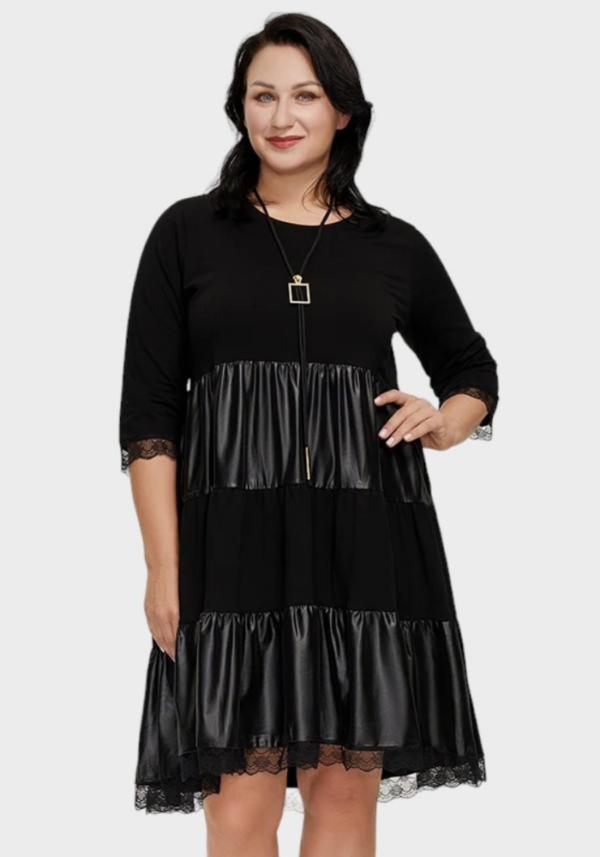 Robe trapèze cuir noire femme ronde avec manches 3/4 et dentelle – Image 2