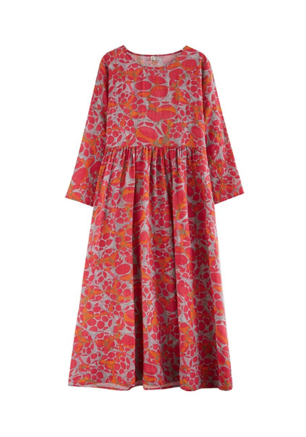 Robe trapèze longue rouge à manches longues et motif floral – Image 4