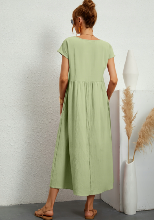 Robe trapèze manche courte vert pastel avec poches midi polyvalente – Image 3