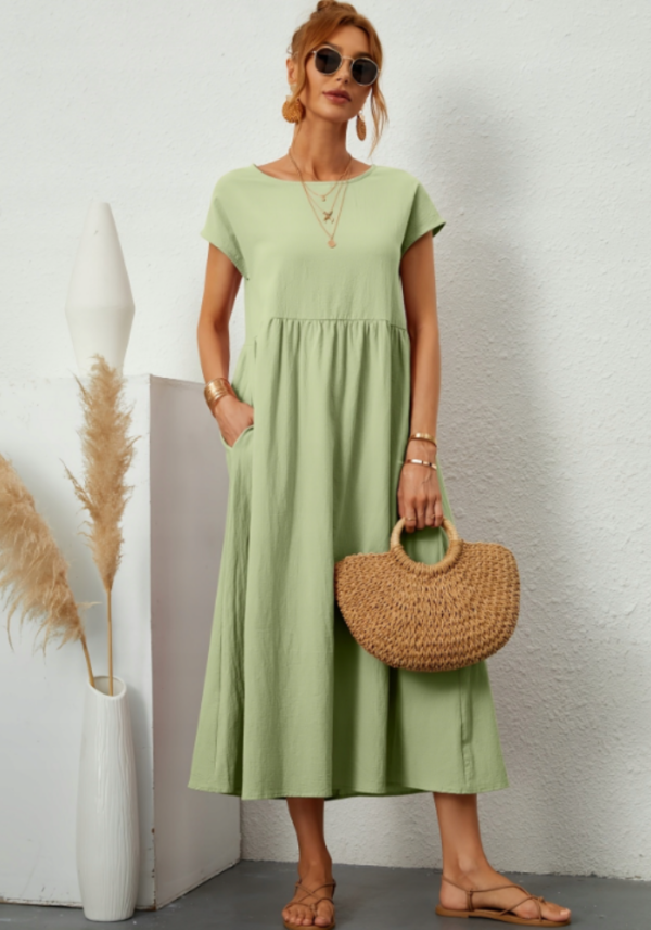 Robe trapèze manche courte vert pastel avec poches midi polyvalente – Image 2