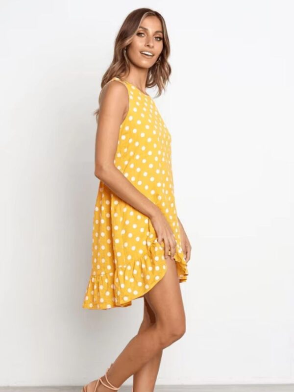 Robe trapèze mousseline jaune à pois blancs avec froufrous pour l'été – Image 2